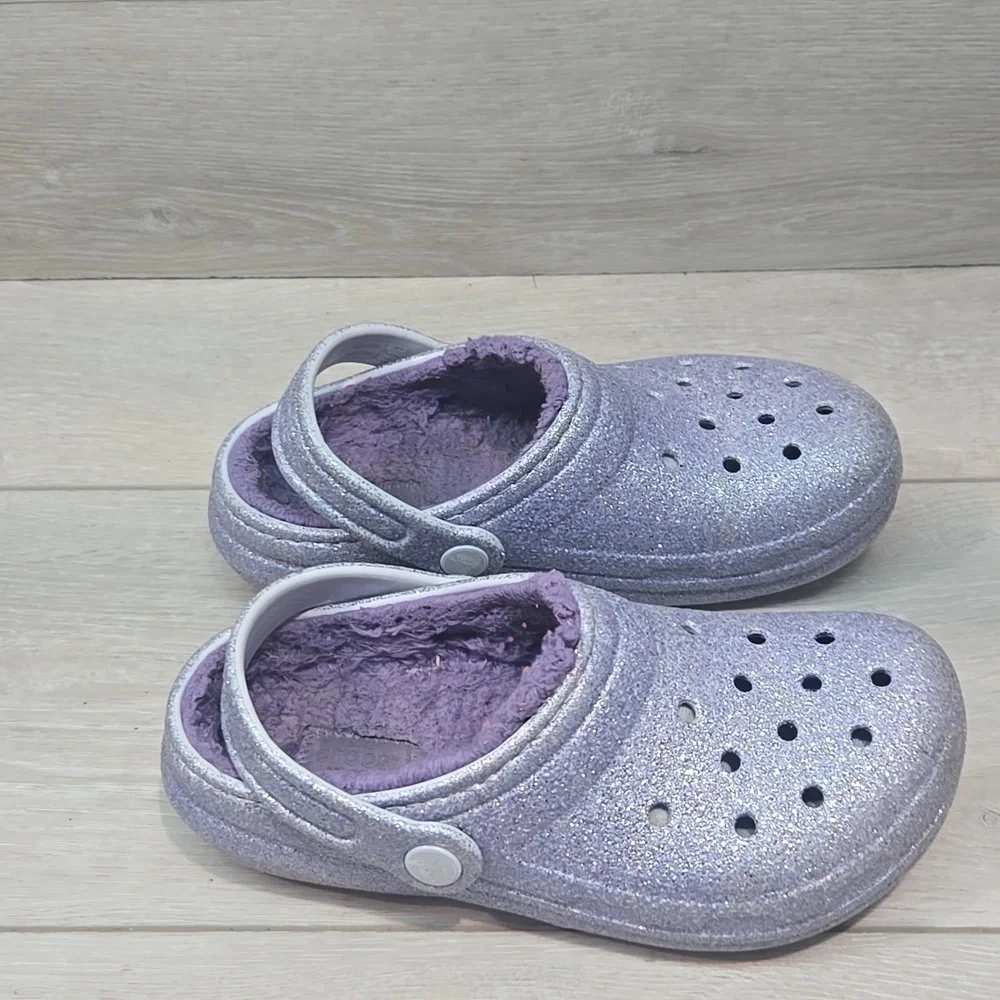 Crocs Kids Girl Glittery Purple Clogs Insulated Line Mule Shoes Sz J2